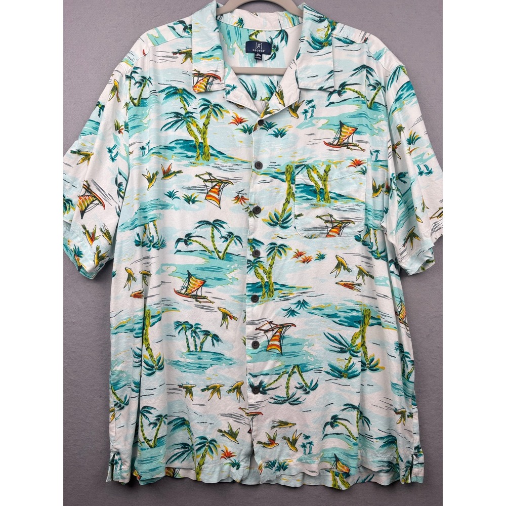George Hawaiian Shirt Mens 2XL Tropical Flying Fish Print Rayon Button Front